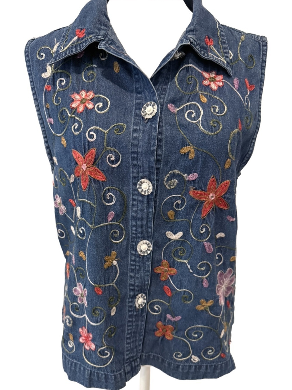 United Team Embroidered Floral Denim Vest - Blue with Multicolor Flowers. M